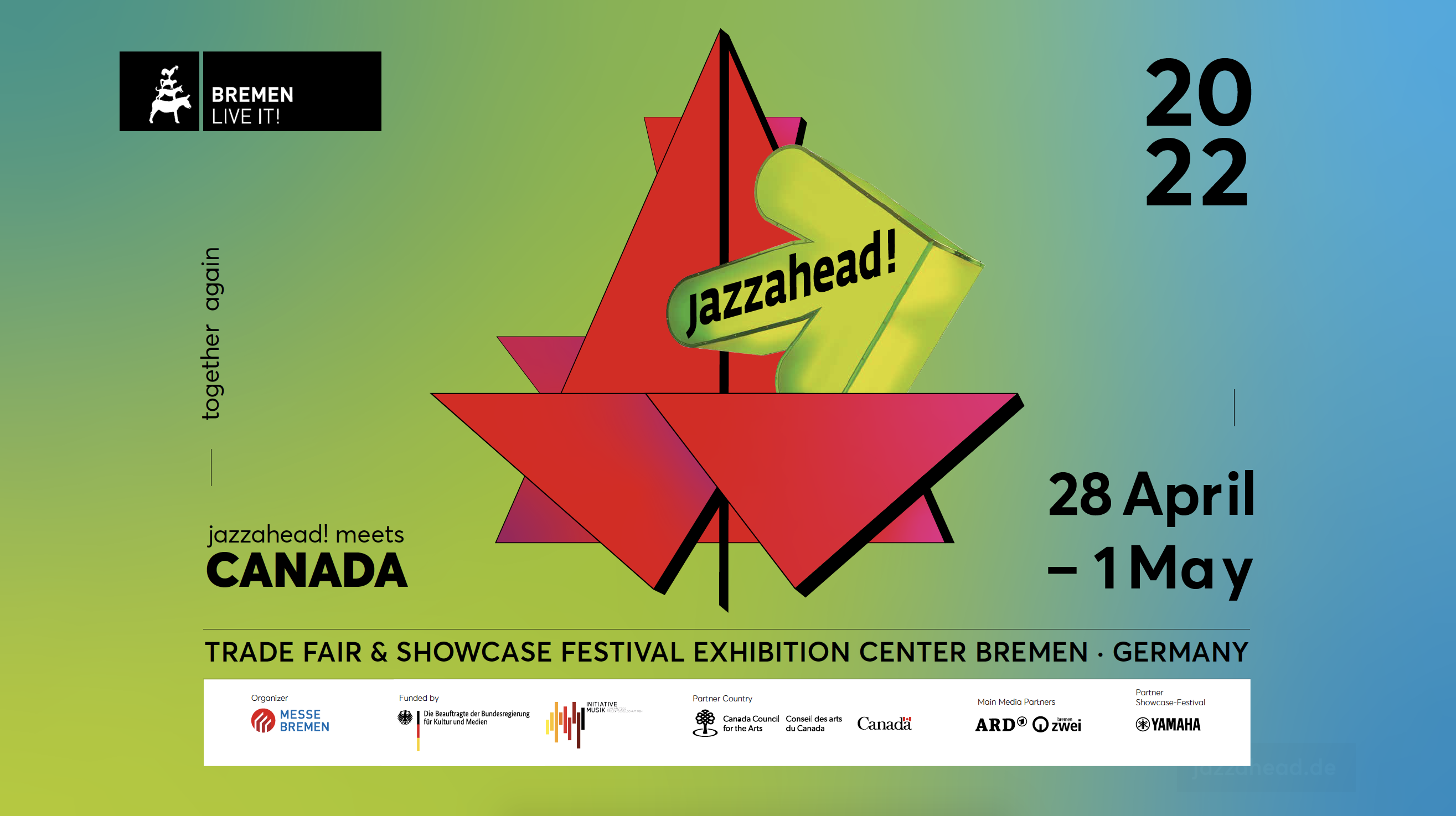 Flyer jazzahead! with green and blue background and a red maple leaf. conference 2022 from April 28 until May, 1. Partner country Canada