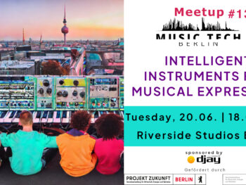 Four people in different couloured shirt sit on a rooftop in Berlin in front of a giantic synth watchin sunset over Berlin. All AI generated art